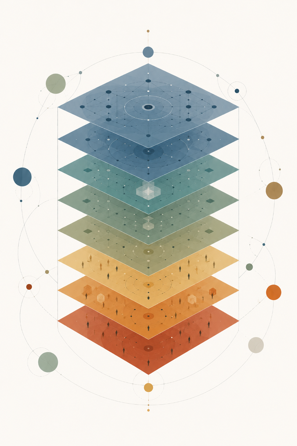 Layered abstract system motif representing AI product design and enterprise transformation